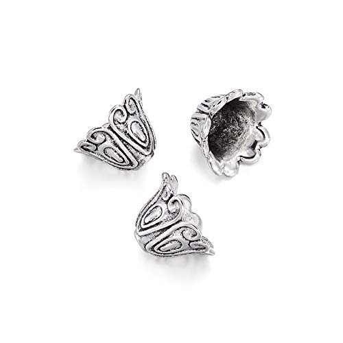 Pandahall 20pcs Tibetan Style Floral Bead Caps Tassel End Cap Antique Silver Jewelry Making 15x11mm Hole 2mm