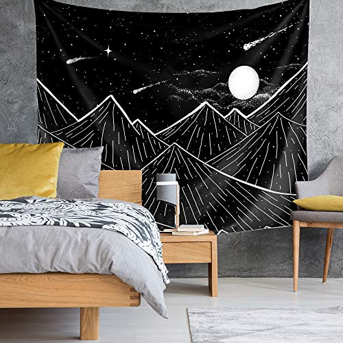 Kingla Home Mountain Moon Tapestry Wall Hanging  Starry Night Sky Star Tapestry  Black and White Tapestry for Bedroom Room 70-9 x 92-5