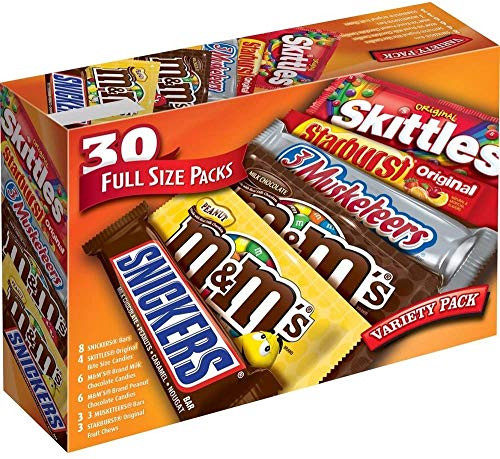Mars MandMS Snickers 3 Musketeers Skittles and Starburst Full Size Chocolate Candy Variety Mix 56-11-Ounce 30-Count Box Assorted -1Pack -30 Count- Mars MandMS Snickers 3 Musketeers Skittles and Starburst Full Size Chocolate Candy Variety Mix 56-11-Ounce 30-Count Box Assorted -1Pack -30 Count-