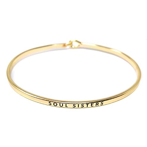 Me Plus Inspirational Soul Sisters Positive Message Engraved Thin Bangle Hook Bracelet -Gold  Brass-
