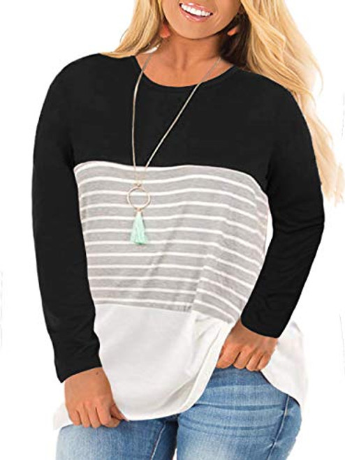 Womens Plus Size Color Block Long Sleeve T Shirt Casual Tee Top Tunics Black 16W