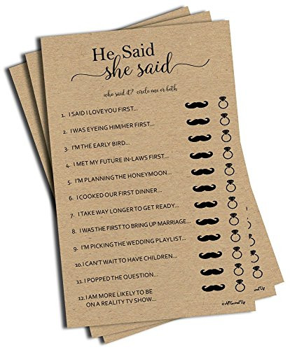 50 He Said She Said Bridal Shower Game Kraft Rustic -50-Sheets- Wedding Bridal Shower Engagement Bachelorette Anniversary Party Game Ideas -Large Shee