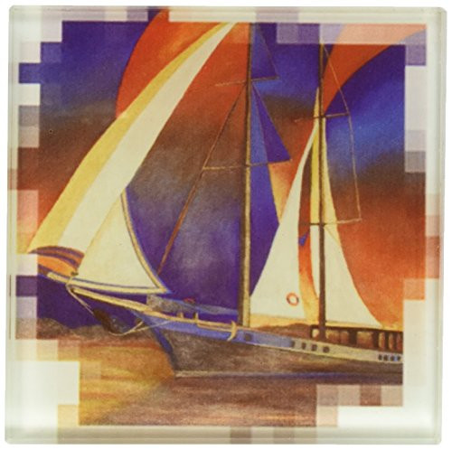 3dRose ct-46923-5 Gulet Under Sail Blue  Boats  Impressionism  Orange  Realism  Sailboat  Sails Glass Tile  4-Inch
