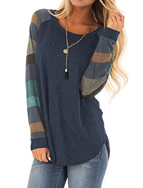 Halife Womens Long Sleeve Pullover Sweatshirt Color Block Casual Tunic Tops Shirts Navy Blue L