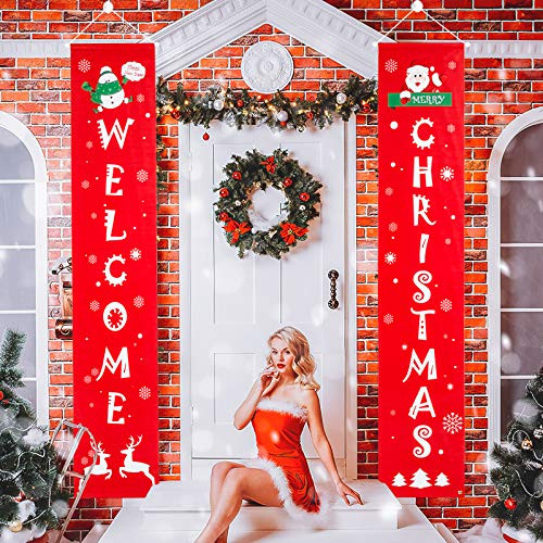 Huishang Merry Christmas Banners  Welcome Christmas Porch Signs Banners Decorations Front Door Red Porch Sign Hanging Xmas Decorations for Home Wall I Huishang Merry Christmas Banners  Welcome Christmas Porch Signs Banners Decorations Front Door Red Porch Sign Hanging Xmas Decorations for Home Wall I