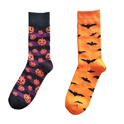 Mens Cotton Funny Crew Socks  Ribart Halloween Pumpkin Lanterns Bats Novelty Casual Socks 2 Pairs