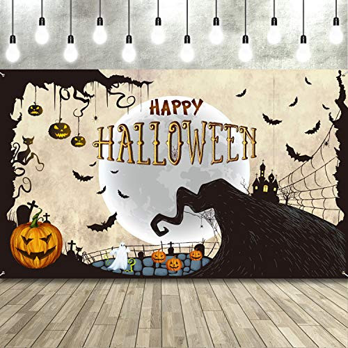 Halloween Party Decorations  Large Fabric Happy Halloween Banner Backdrop  Rustic Night Moon Pumpkin Castle Bat Photo Booth Background for Halloween P