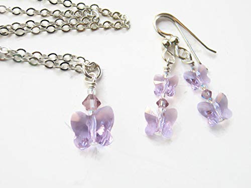 18 Light Amethyst Swarovski Butterfly Necklace and Earrings Set-925 Sterling Silver Swarovski Crystal Jewelry 18 Light Amethyst Swarovski Butterfly Necklace and Earrings Set-925 Sterling Silver Swarovski Crystal Jewelry