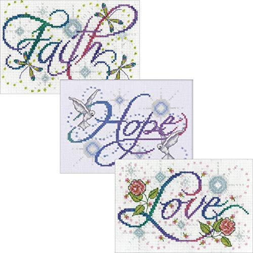 Design Works  Faith Hope Love  Counted Cross Stitch Kits Bundle - 3 Designs  5 by 7 inches Each and 3 Gift Cards
