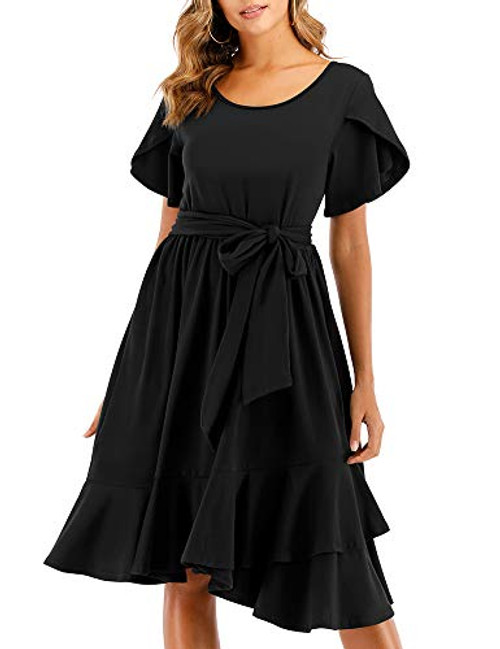 Haola Womens Flower Shoulder Short Sleeve Flowy Dress Ruffle Cocktail Midi Dresses with Belt Black L