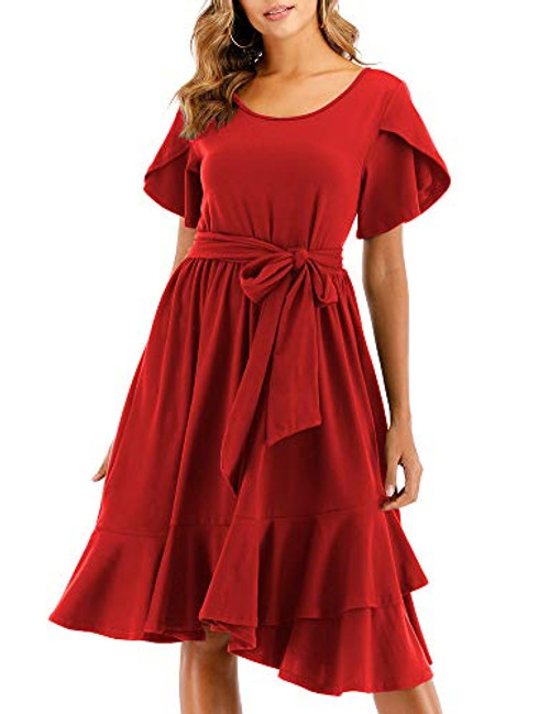 Haola Womens Flower Shoulder Short Sleeve Flowy Dress Ruffle Cocktail Midi Dresses with Belt Red L