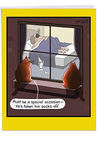 NobleWorks - Large Happy Anniversary Card Funny -8-5 x 11 Inch- - Hilarious Cat Cartoon  Jumbo Greeting Card for Husband  Wife - Special Occasion S-x