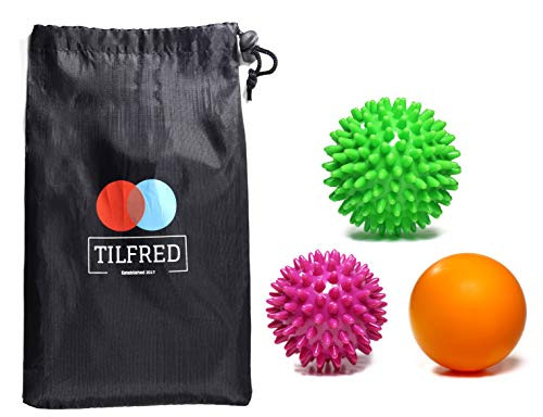Tilfred Massage Balls Set - Spiky Balls - Free Bag - Muscle Pain Relief Back Roller ball - Neck foot massager Deep Tissue and Trigger Point Therapy Tilfred Massage Balls Set - Spiky Balls - Free Bag - Muscle Pain Relief Back Roller ball - Neck foot massager Deep Tissue and Trigger Point Therapy
