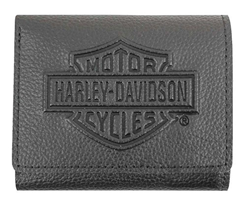 Harley-Davidson Mens Embossed BandS Logo Leather Tri-Fold Wallet XML3571-BLK