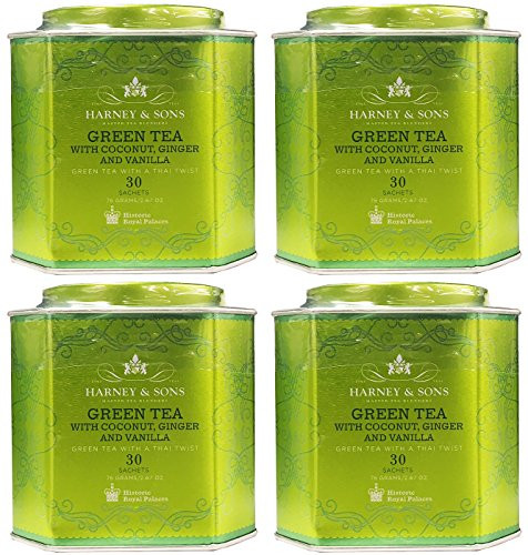 Harney and Sons Green Tea with Coconut  Ginger  and Vanilla Tea Tin - Green Tea with a Thai Twist - 2-67 Ounces  30 Sachets -Pack of 4-