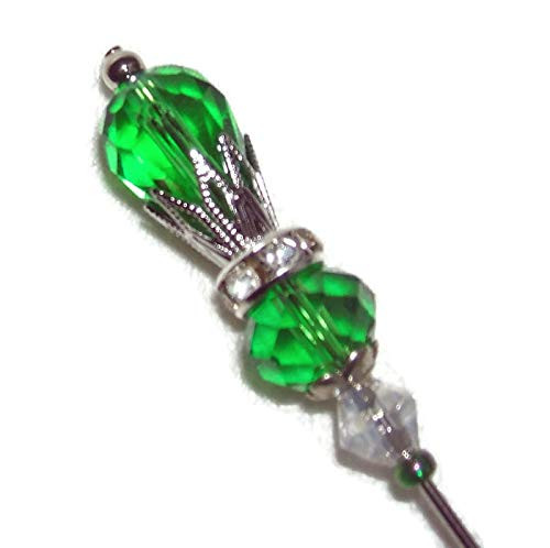 GREEN Glass CRYSTAL w RHINESTONE Stick Hat Pin Long Hatpin Vintage Style Silver Plated GREEN Glass CRYSTAL w RHINESTONE Stick Hat Pin Long Hatpin Vintage Style Silver Plated