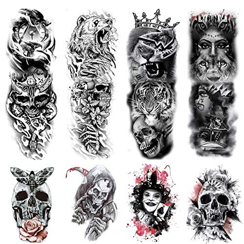 Kotbs 8 Sheets Large Halloween Temporary Tattoos Full Arm and Half Arm Skull Tattoo Sleeves for Men Women Adults Waterproof Fake Tattoos