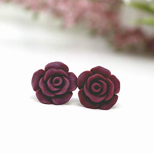 Plastic Post Rose Stud Earrings for Metal Sensitive Ears  13mm Matte Burgundy