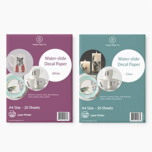 Hayes Paper  BUNDLE Waterslide Decal Paper LASER CLEAR 20 Sheets AND WHITE 20 Sheets Printable Water Slide Decals of A4 Size Hayes Paper  BUNDLE Waterslide Decal Paper LASER CLEAR 20 Sheets AND WHITE 20 Sheets Printable Water Slide Decals of A4 Size