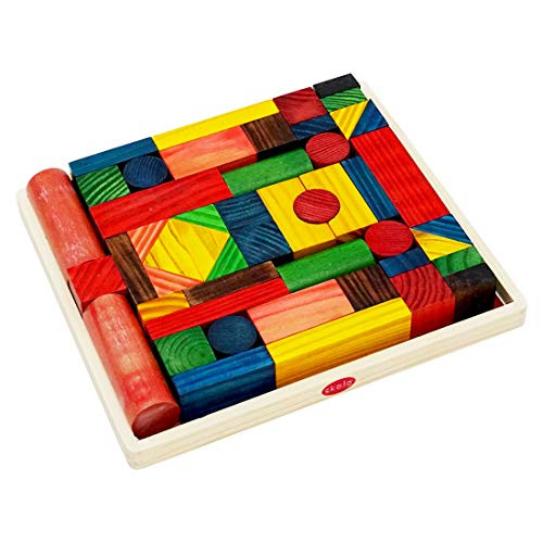Skola Toys Building Blocks - Tray with 50 Wooden Dyed 3D Geometry Blocks & Shapes - Build, Construct, Stack, Create - Wooden Educational Learning Toy for 3 Years to 6 Years