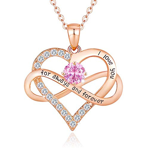 sovesi Infinity Heart Necklace for Women  Rose Gold Love Birthstone Pendant Necklace with Cubic Zirconia Jewelry Birthday Gifts for Women October