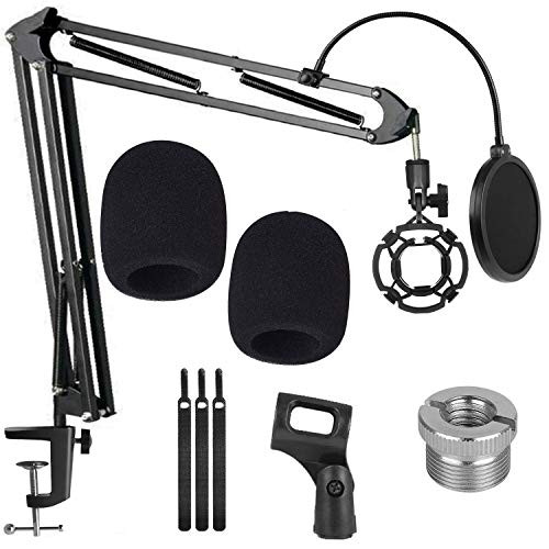 Heavy Duty Microphone Stand Adjustable Suspension Boom Scissor Arm Stands with Mic Microphone Windscreen and Dual Layered Mic Pop Filter for Blue Yeti