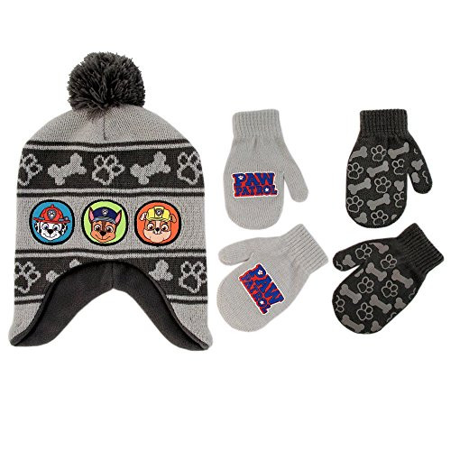 Nickelodeon Boys Paw Patrol Winter Hat with 2 Pair Gloves or Mittens -Toddler-Little Boys-