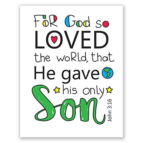 8x10 Christian Nursery Decor Poster -- John 3 16 Print -- Kids Wall Art -- Bible Verse -- For God So Loved The World -- Sunday School -- Church
