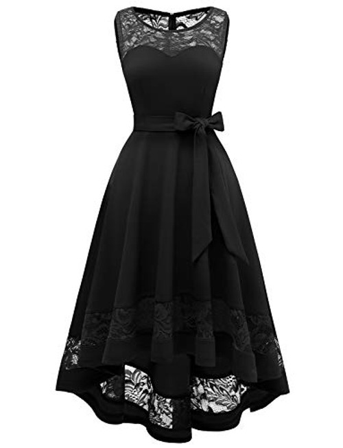 Gardenwed Womens Vintage Floral Lace Cocktail Formal Swing Dress Hi-Lo Bridesmaid Dresses Homecoming Dress for Party Black L