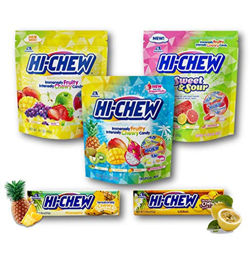 Hi-Chew Chewy Fruit Candies 3 Varieties Mixed Flavors Stand-Up Bags 12-7 Ounce and 2 Hi-chew Sticks Lilikoi -Hawaiian Passion Fruit- and Pineapple 1-7