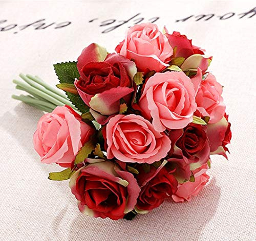 Jasion Artificial Roses Flowers 12 Heads Arrangement Silk Bouquet for Home Office Parties Bridal and Wedding Decoration -Red with Pink-
