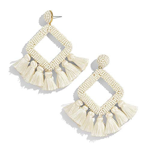Statement Tassel Earrings White Bead Tassel Earrings Boho Dangle Earring for Women Gift