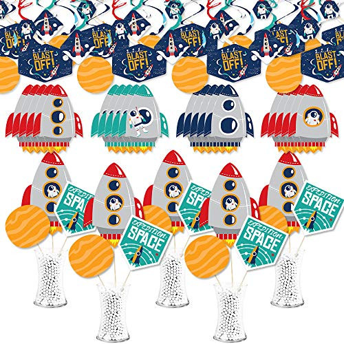 Big Dot of Happiness Blast Off to Outer Space - Rocket Ship Baby Shower or Birthday Party Decoration Supplies Kit - Swirls  Essentials  and Table Topp