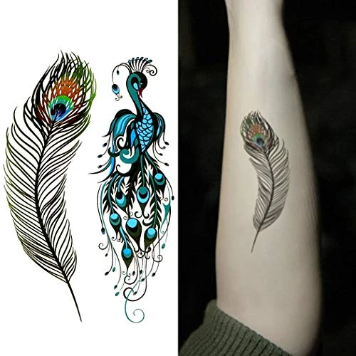 Oottati Small Cute Temporary Tattoo Feather Peacock -2 Sheets-