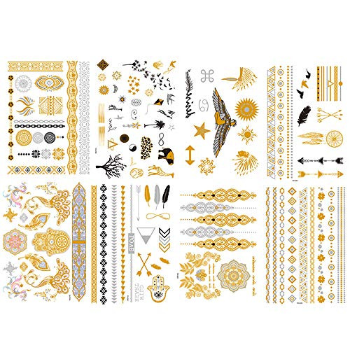 BEAYFILY 8 Sheets Metallic Temporary Tattoos Gold Silver Temporary Tattoos Glitter Color Flash Fake Waterproof Tattoo Stickers for Women Teens Girls