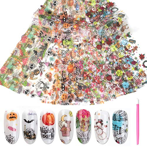 20 Sheets Halloween Christmas Nail Foil Transfer Sticker  Pumpkin Skull Winter Snowman Snowflake Christmas Tree Sugar Pattern Nail Stickers Decals for 20 Sheets Halloween Christmas Nail Foil Transfer Sticker  Pumpkin Skull Winter Snowman Snowflake Christmas Tree Sugar Pattern Nail Stickers Decals for