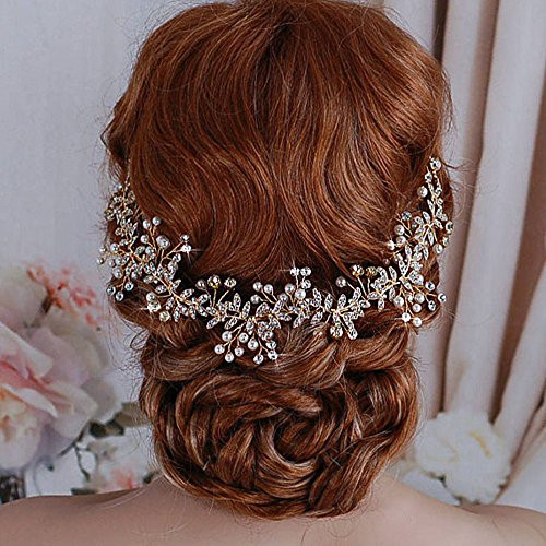 FXmimior Bridal Hair Accessories Hair Vine Bridal Headpiece Bridal Hairpiece Ribbon Wire Headband Wedding Hairpiece Wired Crystal Vine -rose gold-