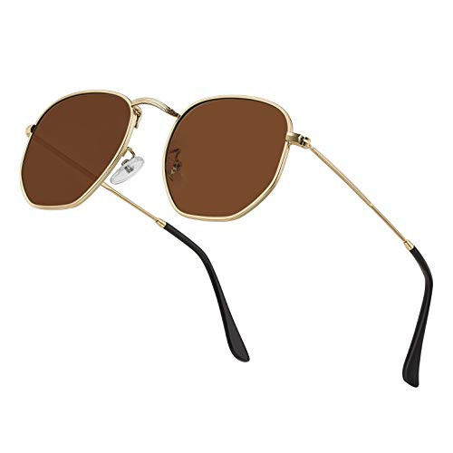 Hipster Hexagonal Polarized Sunglasses Men Women Geometric Square Small Vintage Metal Frame Retro Shade Glasses -Brown Lens-Gold Frame-