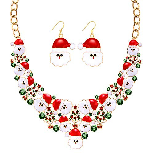 Christmas Jewelry Sets for Women Girls  Glitter Rhinestone Enameled Xmas Holiday Jewelry Thanksgiving Christmas Santa Necklace Dangle Earrings Set