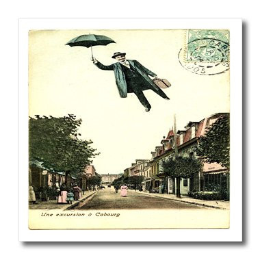 3dRose ht-62268-1 Humorous Vintage French Postcard with Flying Man N Umbrella Iron on Heat Transfer for White Material  8 by 8-Inch