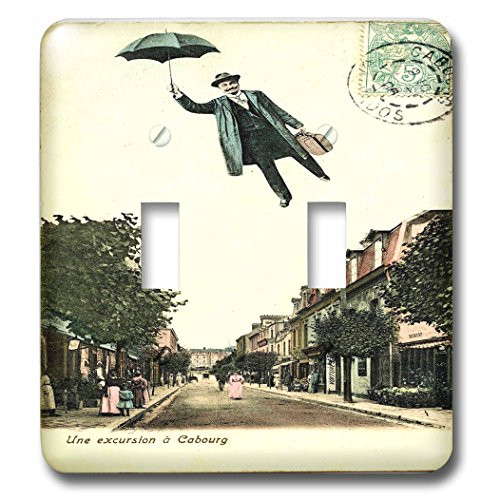 3dRose lsp-62268-2Humorous Vintage French Postcard With Flying Man n Umbrella Double Toggle Switch