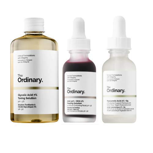 The Ordinary 3 Bottles Face Serum Set Peeling Solution  Hyaluronic Acid And Glycolic Acid AHA 30-BHA 2 Peeling Solution Hyaluronic Acid 2-B5 Gl