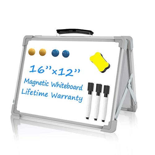 Small Dry Erase White Board 16X12Inches Portable Double-Sided Magnetic Whiteboard Foldable Desktop Board Easel for KidsandHome Classroom Office-White