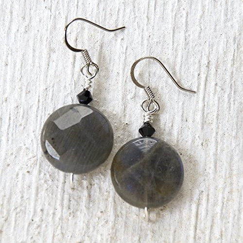 Labradorite and Black Crystal Dangle Earrings - Handmade Semi Precious Jewelry