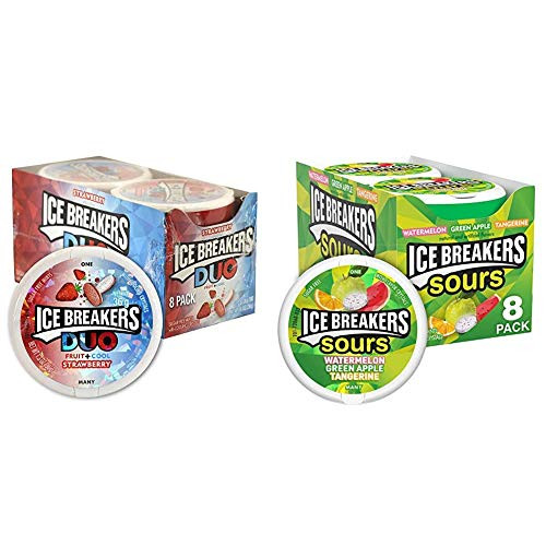 Ice Breakers Sugar Free Duo Mints  Strawberry Fruit and Cool  1-3 OZ  Pack of 8 and Sours Sugar Free Mints  -Watermelon  Green Apple  Tangerine- 1-5 Oun