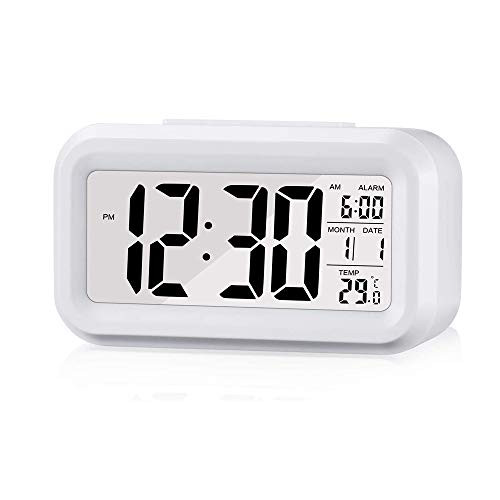 CHIYANTECH Digital Alarm Clock Electronic LCD Time Display Temperature Display Electric Clocks for Bedroom  Bedside 12-24Hr  Snooze Sleep Timer -White
