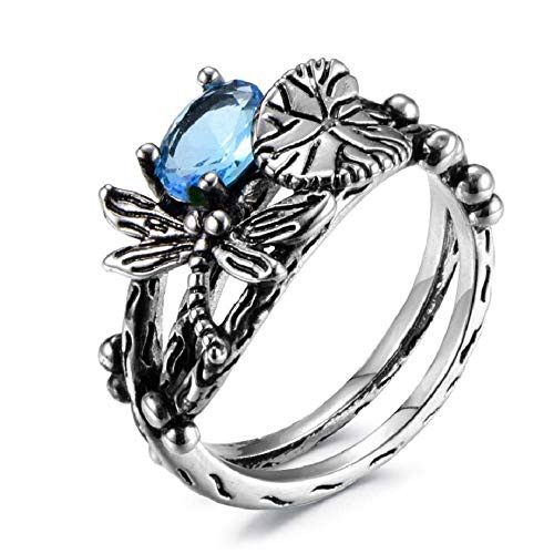 Finemall Fashion Women 925 Silver Blue Topaz Dragonfly Ring Wedding Party Jewelry Gift Promise Halo Engagement Ring Wedding Band Ring for Women Size 6
