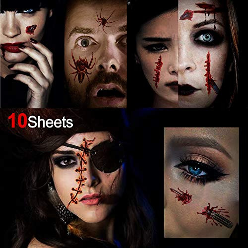 Konsait Halloween Temporary Tattoos-58 pcs- Halloween Bleeding Wounds Scar Bloody Spider Zombie Vampire Bite Skull Fake Tattoo Sticker for Adult Woman