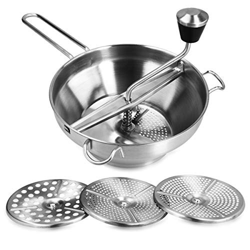 Navaris Stainless Steel Food Mill - Rotary Food Mill Vegetable Strainer Potato Masher Grinder with 3 Milling Discs  1 Quart Capacity - Dishwasher Safe