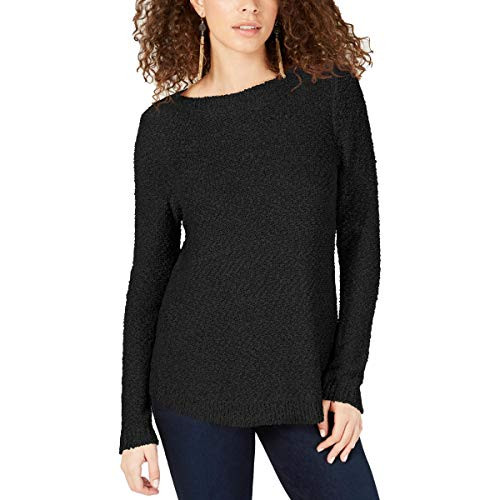 INC Womens Shine Metallic Boat Neck Pullover Sweater Black L